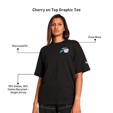 Puma Womans Basketaball Cherry on Top Graphic Oversized Fit Tee "Black"