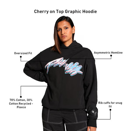 Puma Womans Basketaball Cherry on Top Graphic Oversized Hoodie "Black"