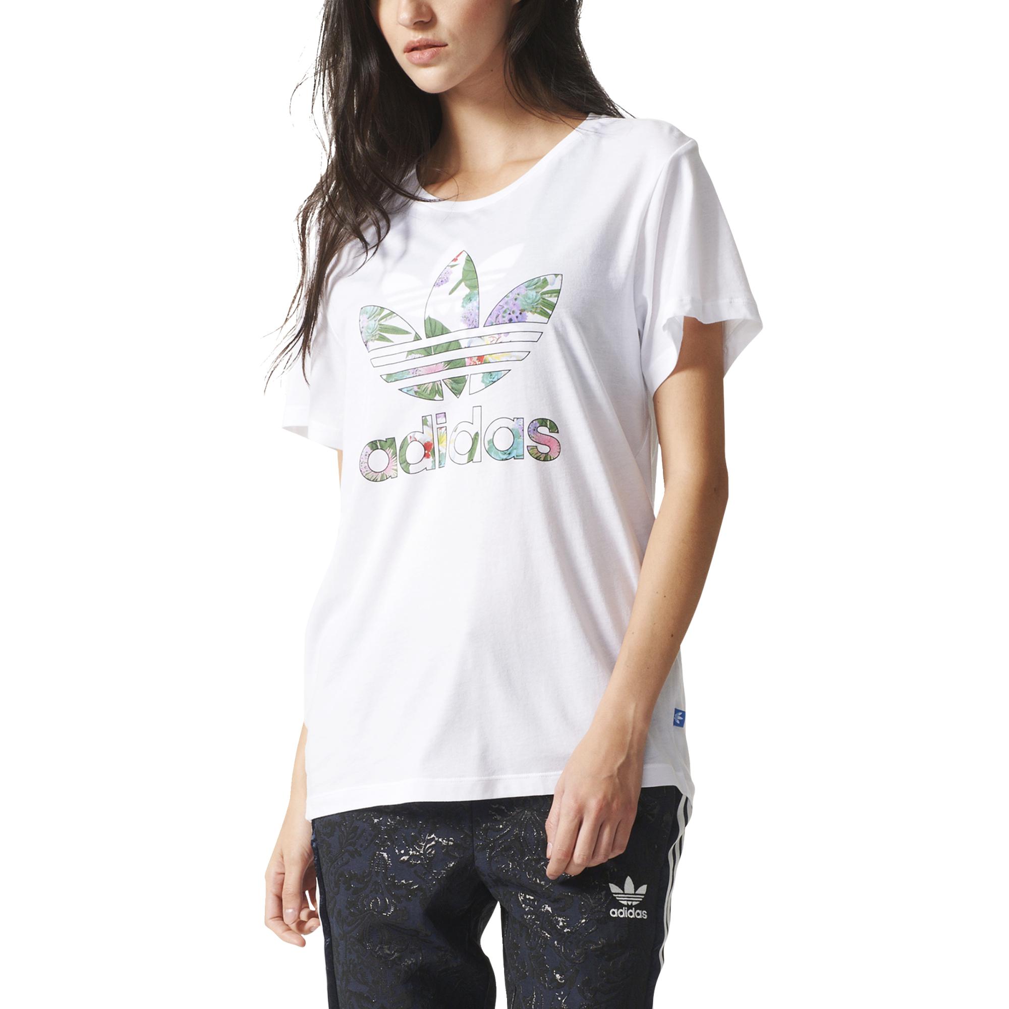 Discriminación sexual locutor Cadena Adidas Originals Mujer Camiseta Boyfriend Trefoil Floral (blanco